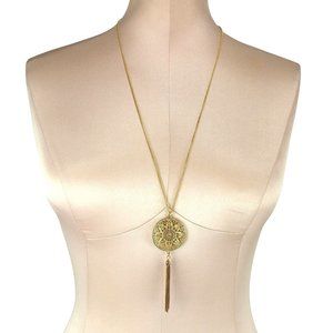 LC Lauren Conrad Long Gold-Tone Necklace Mandala Pendant Tassel & Crystals